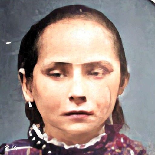 Close-up van het gezicht van Mary, ingekleurd en verbeterd door MyHeritage