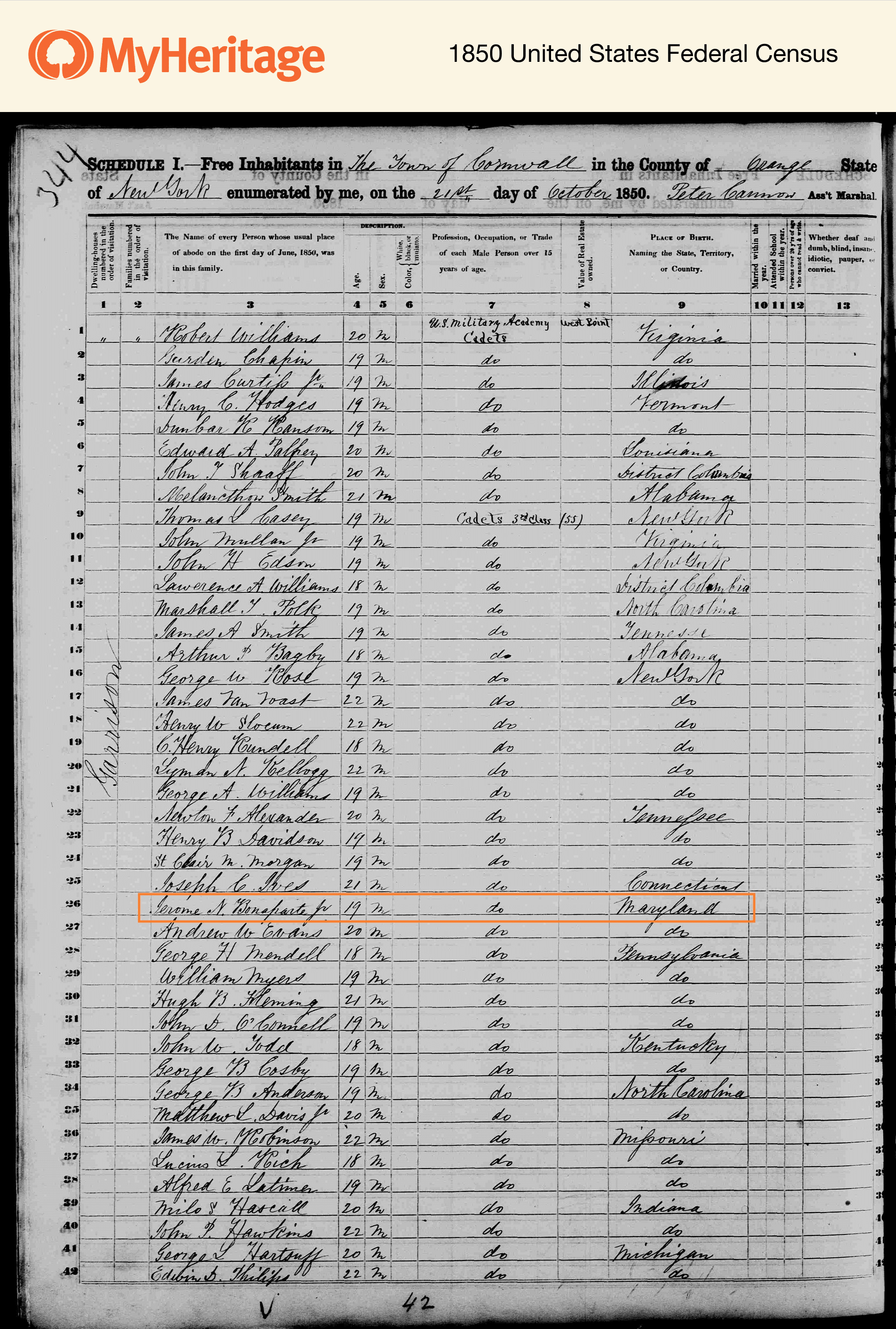 Jerome Napoleon Bonaparte, cadet at West Point, in the 1850 U.S. Census. MyHeritage historical record collections.