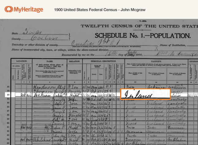 1900 United States Federal Census — John McGraw (Click to zoom)