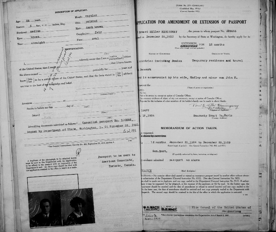 Ernest Hemingway’s passport application from 1923, including a photo of him and his first wife, Hadley