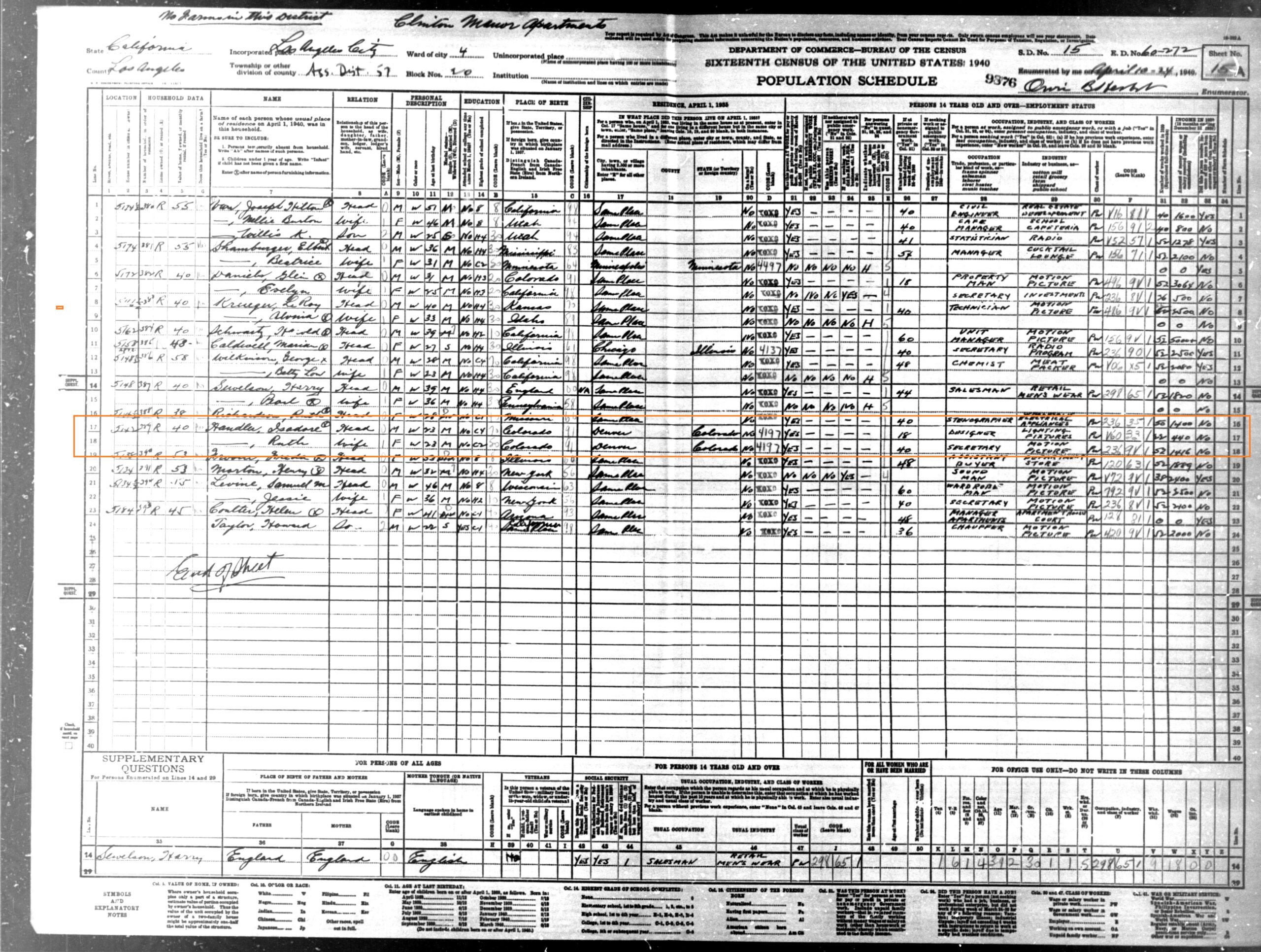 Isadore Elliot and Ruth Hendler in 1940 US Census