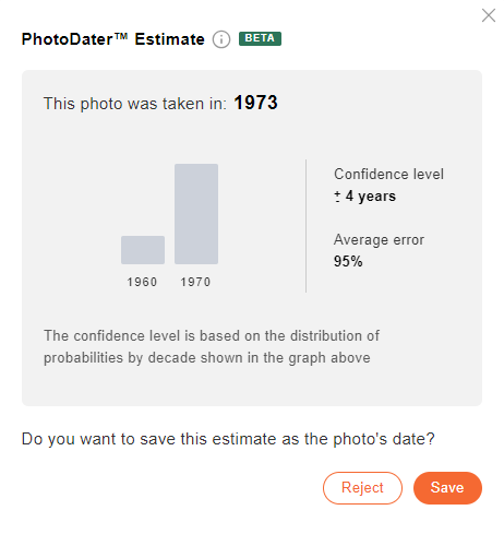 Histogram over årtier og konfidensniveauet for PhotoDaters estimat (klik for at zoome)