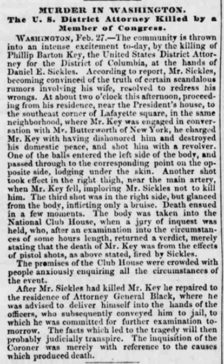 Article in The Boston Courier announcing the murder of Philip Barton Key. Courtesy of the MyHeritage Newspaper collections