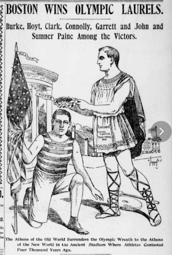 Tekening in de Boston Post van 11 april 1896. Op het tenue van de knielende atleet prijkt de naam Tom Burke. Bron: krantencollectie van MyHeritage