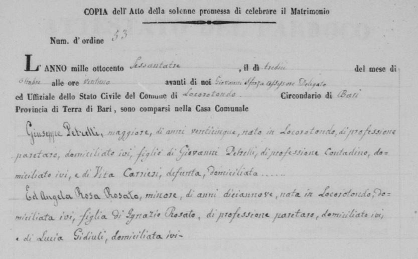 Image: Marriage promise in 1863 between his great-great-grandfather Giuseppe Petrelli, Image: Marriage promise in 1863 between his great-great-grandfather Giuseppe Petrelli, qualified as a paretaro, and the daughter of Ignazio Rosé, paretaro.qualified as a paretaro, and the daughter of Ignazio Rosé, paretaro.