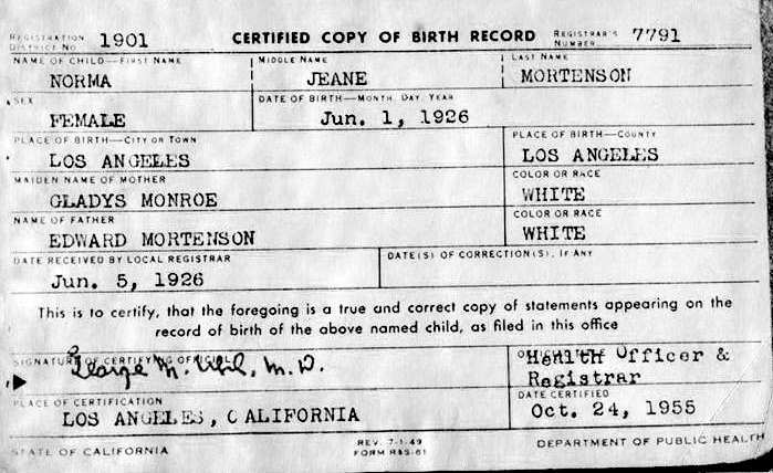 Marilyn Monroe's birth certificate. Source: Wikipedia (click to zoom).