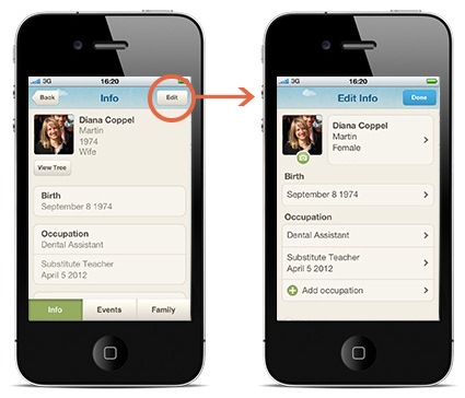 Info tab: Edit the birth date, occupation, email address and phone number or delete the profile from your tree.