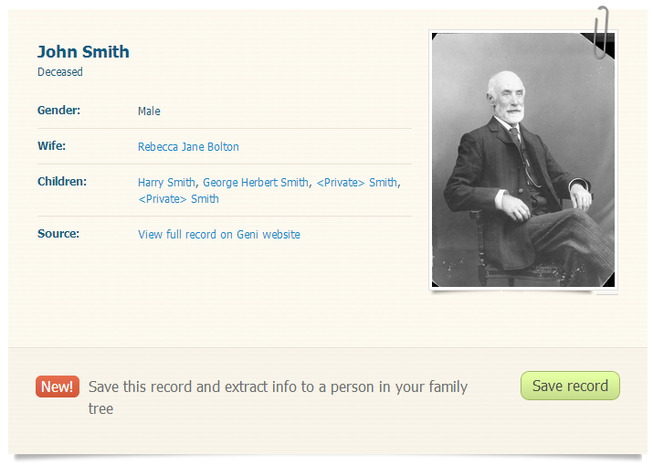 Example Geni profile on MyHeritage SuperSearch