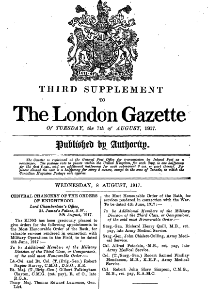 Excerpt from The London Gazette, 7 August 1917, announcing the appointment of Thomas Edward Laurence, Laurence of Arabia, as a Member of the Honourable Order of the Bath.