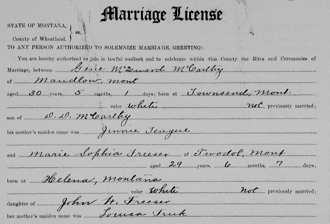 Marie Freeser's Hochzeitsurkunde von Montana, County Marriages, 1865-1950