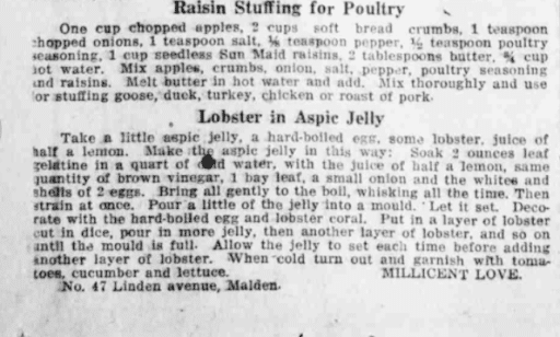 Recipes in The Boston American, November 12, 1921. Courtesy of the Massachusetts Newspapers, 1704–1974 collection on MyHeritage