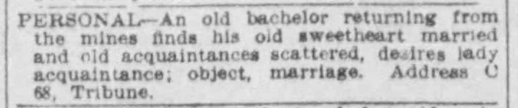 Personal ad from the Minneapolis Tribune, January 31, 1904