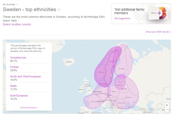 As etnias principais da Suécia, mostradas em forma de lista, com percentagens, e representadas geograficamente no mapa-múndi