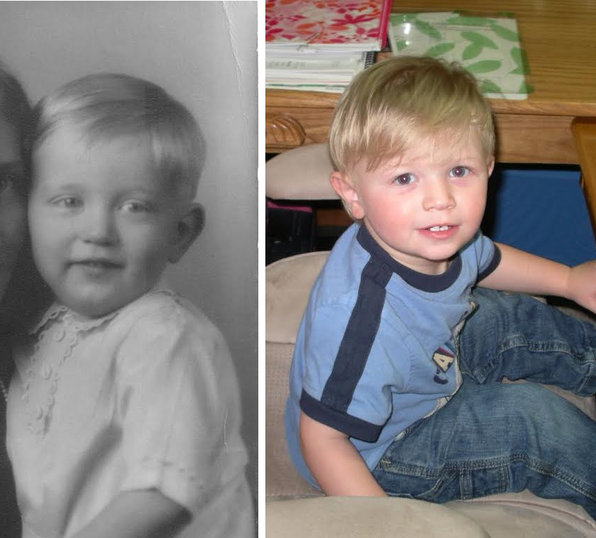 Gene Hilliard (left) when he was about 2 years old, and his great-grandson at the same age. [Submitted by Elizabeth Chantelle Kiphuth]
