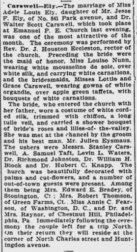 Wedding announcement of Adele Louis Ely and Walter Scott Carswell in the Baltimore American and Commercial Advertiser, 1898. Courtesy of the MyHeritage newspaper collections