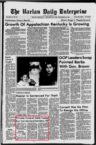 Ein Beispiel aus der neuen Sammlung von Kentucky Zeitungen mit einem Artikel über die Beerdigung von Colonel Sanders, dem KFC (Kentucky Fried Chicken) Gründer