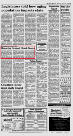 Um exemplo de registro da coleção de jornais da Virgínia Ocidental com um artigo em homenagem a Charles “Chuck” Elwood Yeager, a primeira pessoa a quebrar a barreira do som