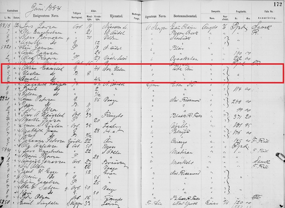 Emigratie Registers Records of Oline en Amalie Evenstad [Credit: MyHeritage Norway, Emigratie Registers, 1867–1973]