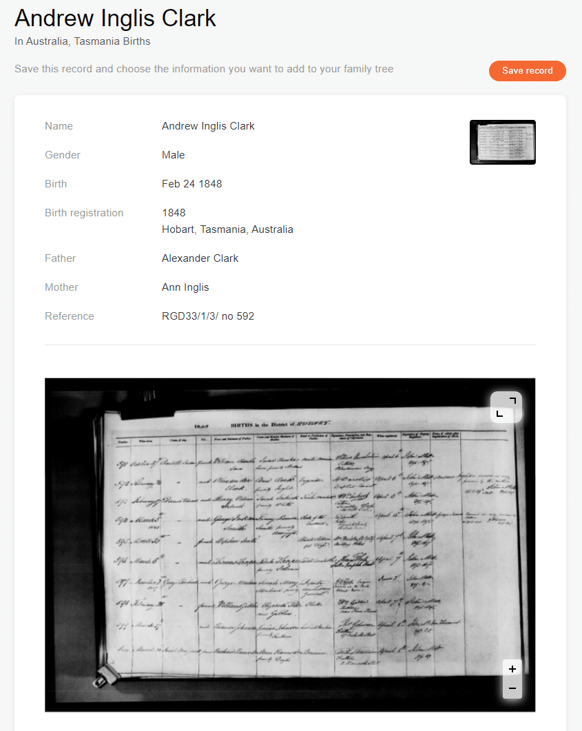 Birth record of Andrew Inglis Clark [Credit: MyHeritage Australia, Tasmania Births]