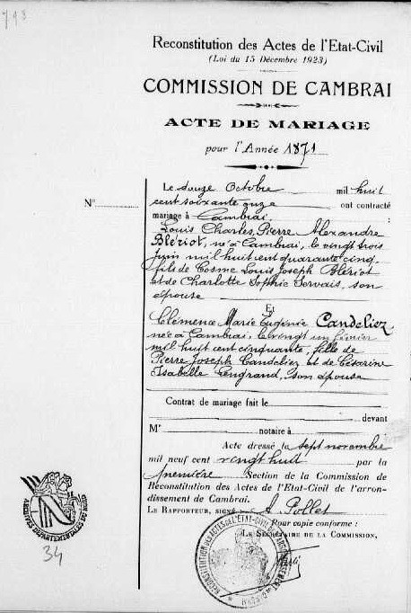 Marriage record of Louis Blériot and Clémence Candeliez, 1871
