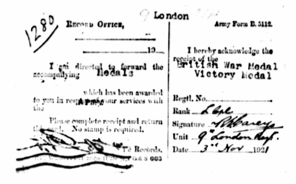 Record indicating that Richard Edward Carey, Chris’s great- grandfather received the British War Medal, the 1915 Star, and the Victory Medal