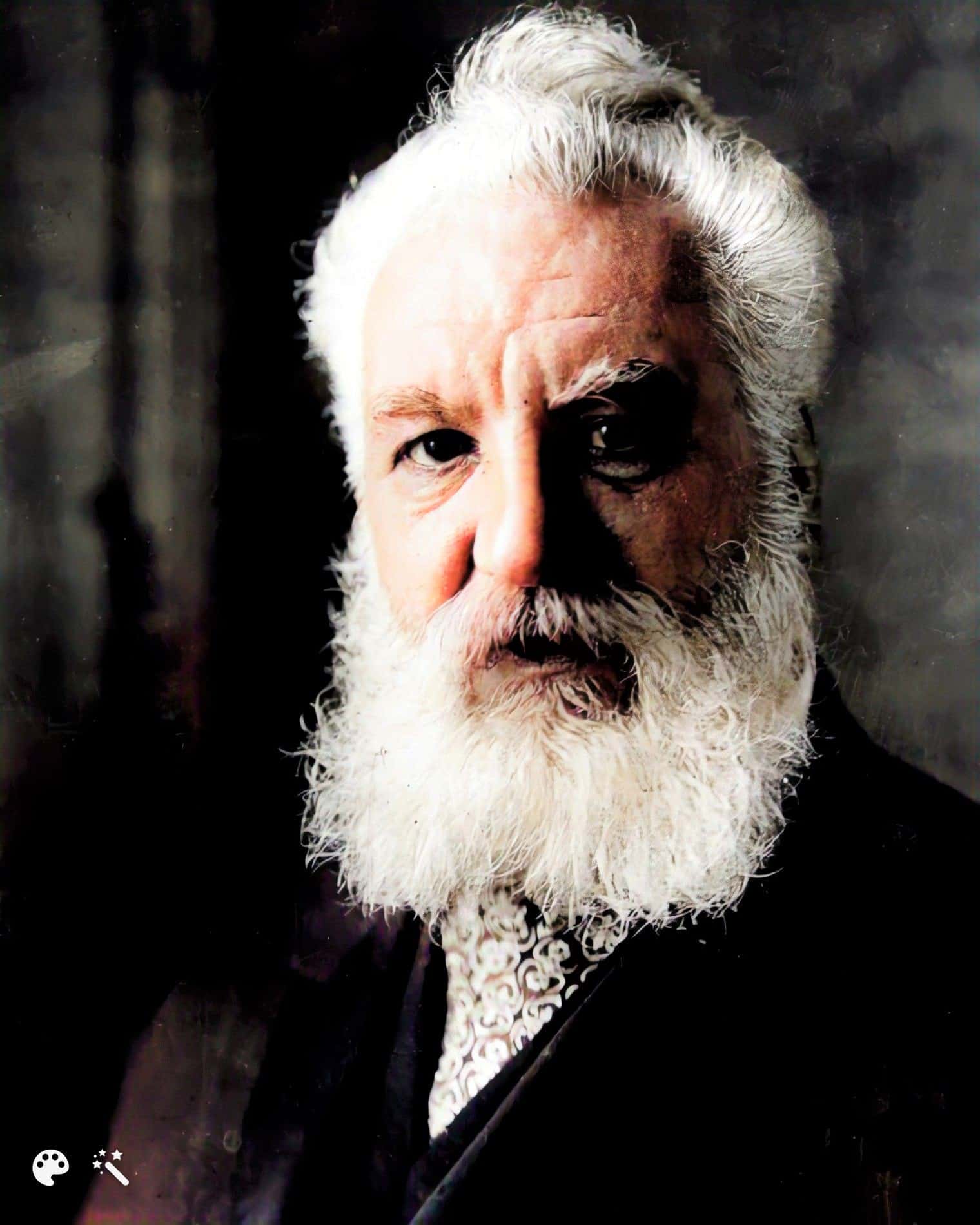 Pasfoto van Alexander Graham Bell, verbeterd en ingekleurd door MyHeritage