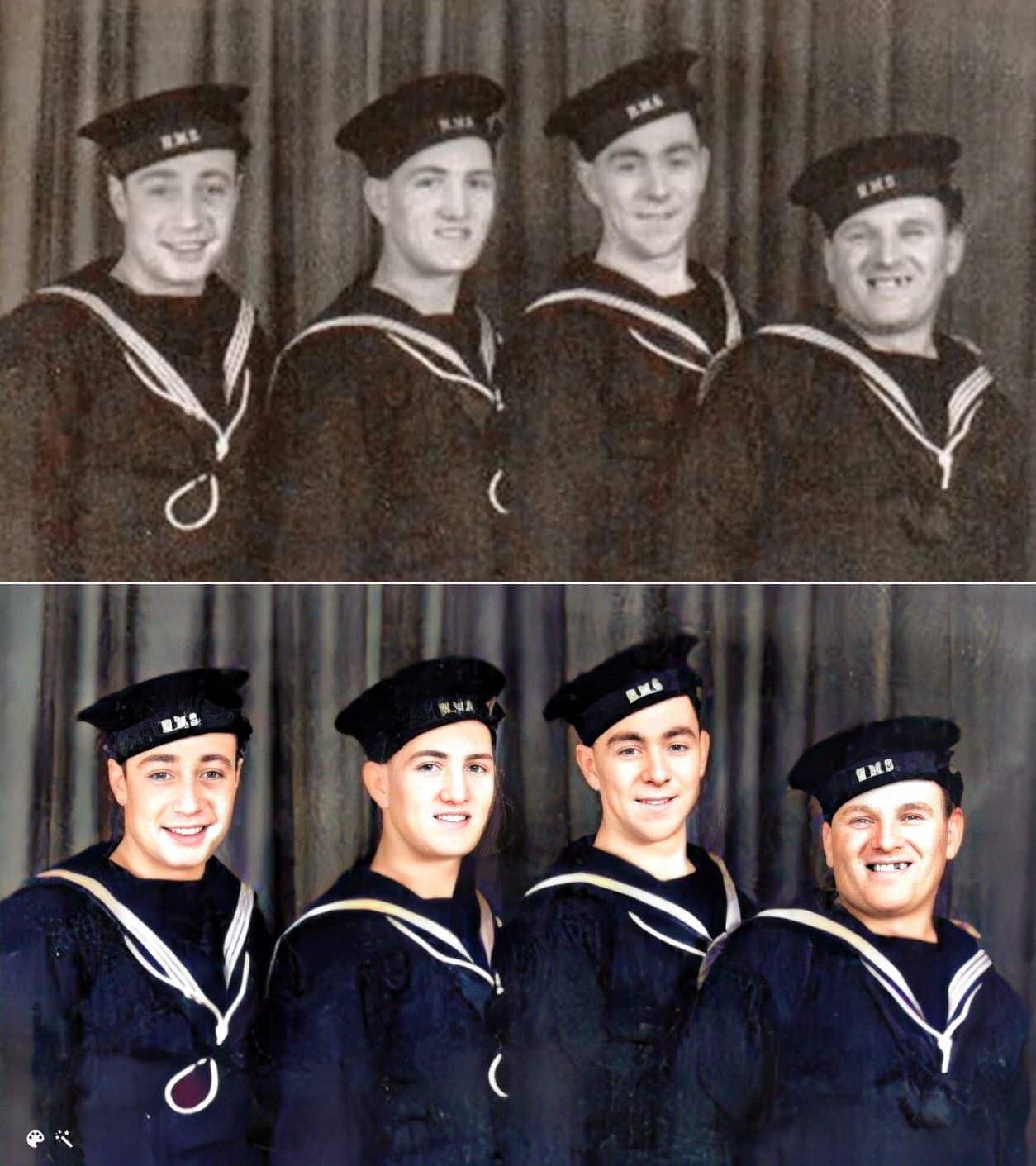 Sailors from the H.M.S. Repulse, enhanced and colorized on MyHeritage [Credit Ken McGuire]