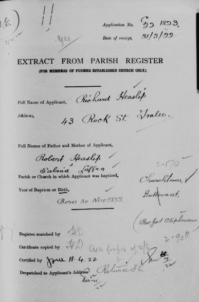 Birth record of Jamie’s great-grandfather, Richard Heaslip