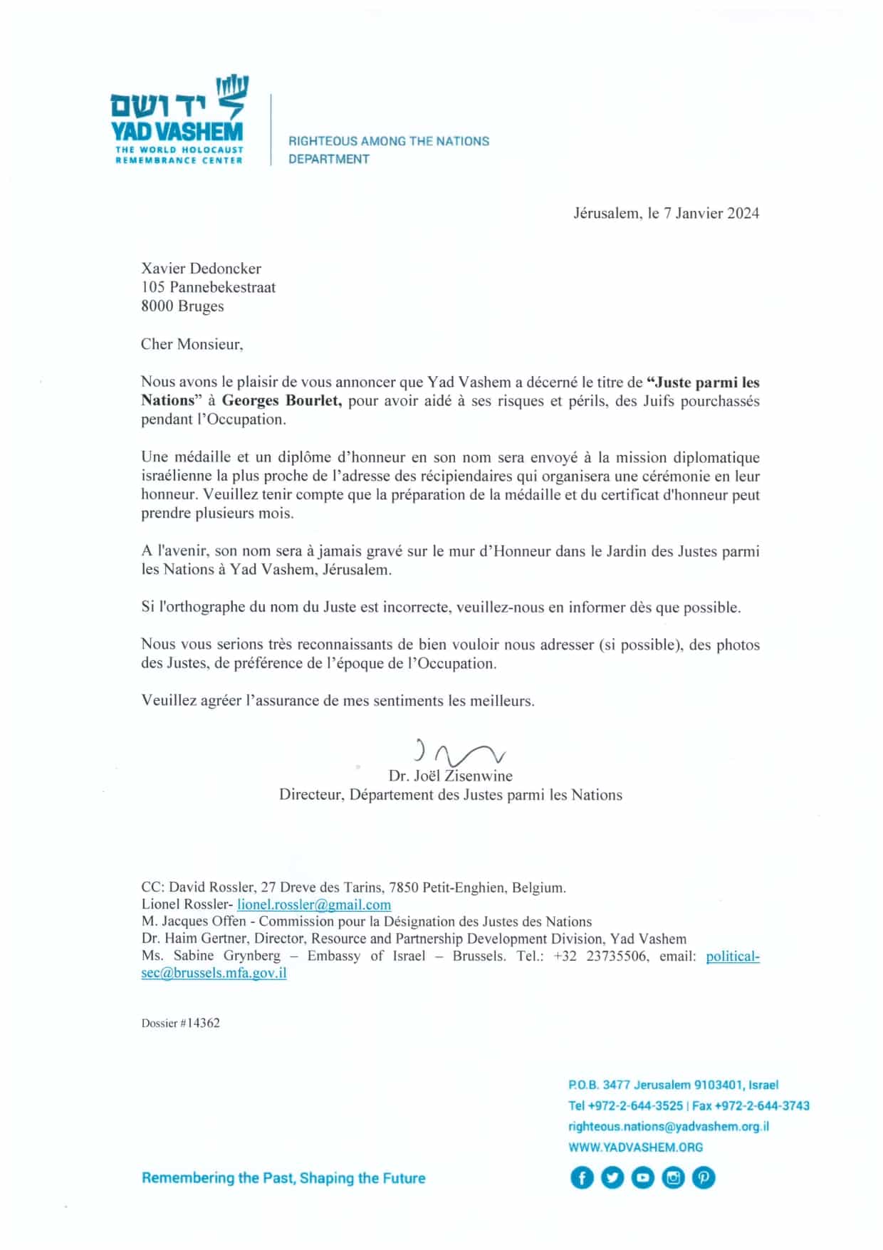 The official letter of recognition from Yad Vashem