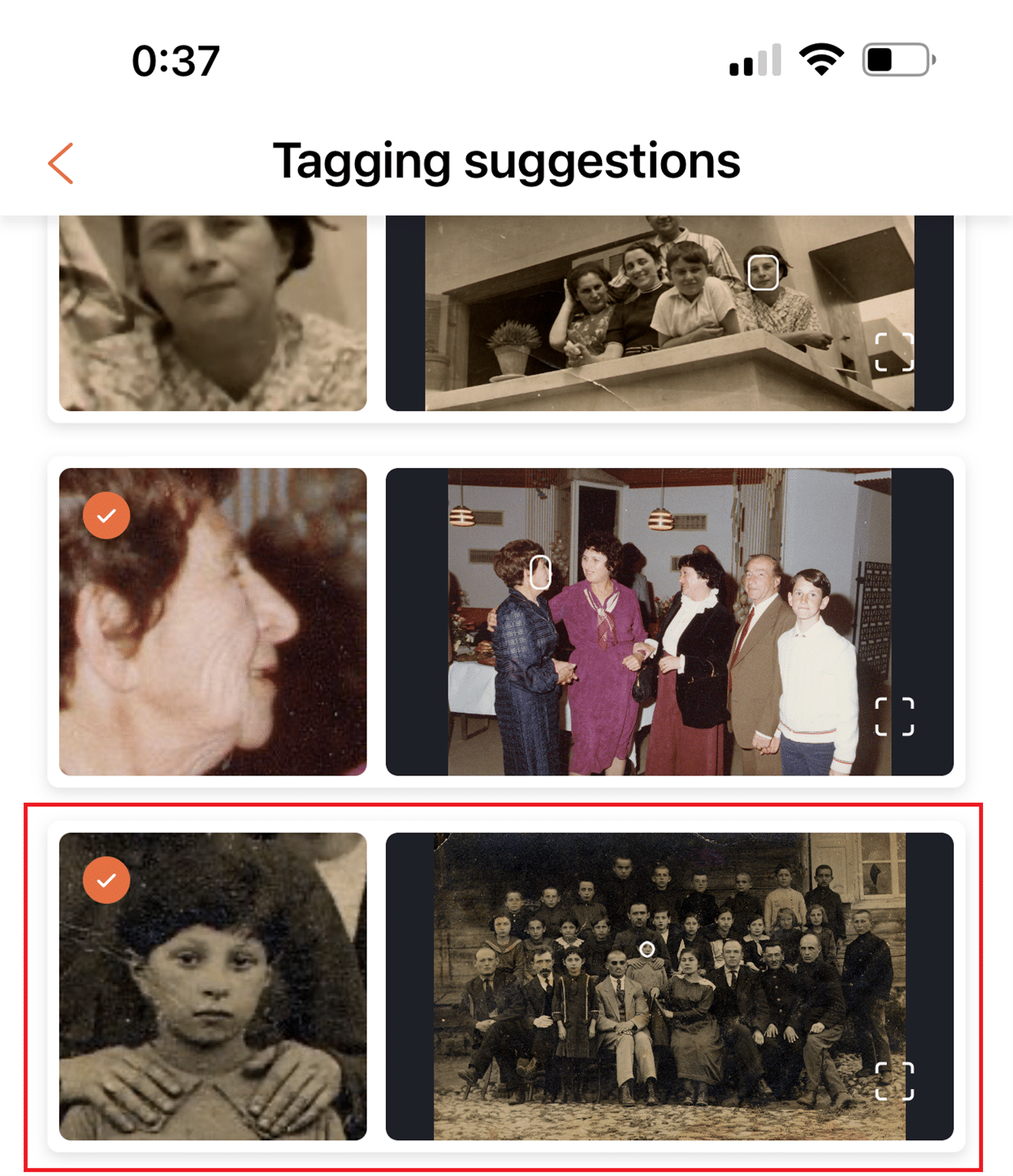 Photo Tagger discovers a photo of Gilad’s grandmother Chana Chwojnik in her youth, marked in red (click to zoom)