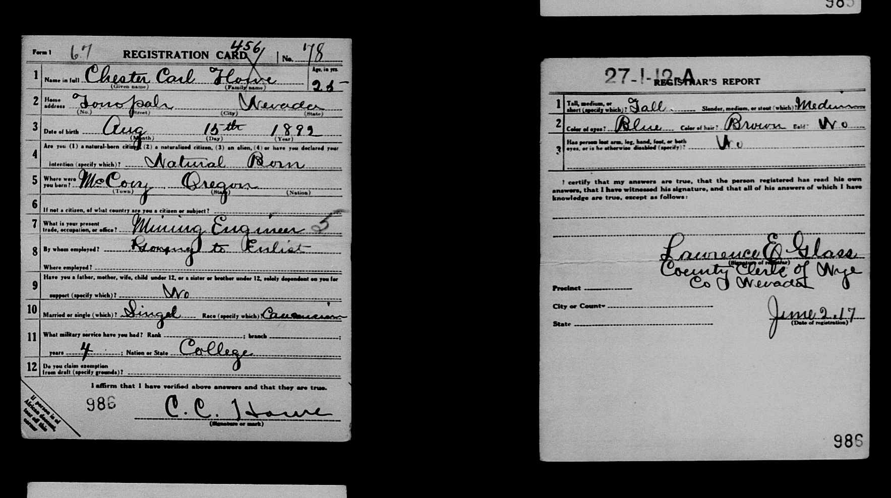 Draft registration of Chester Carl Howe from the MyHeritage military record collections