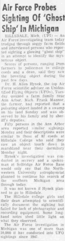 Article from the Clinton Daily Item in 1966 about a UFO sighting from the MyHeritage newspaper collections