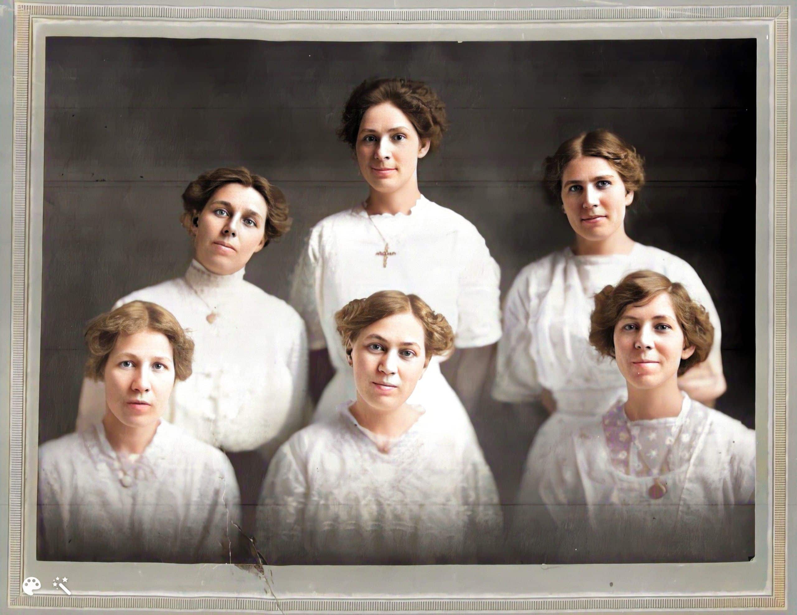 Martha (standing, right) with her 5 sisters. Photo colorized and enhanced by MyHeritage