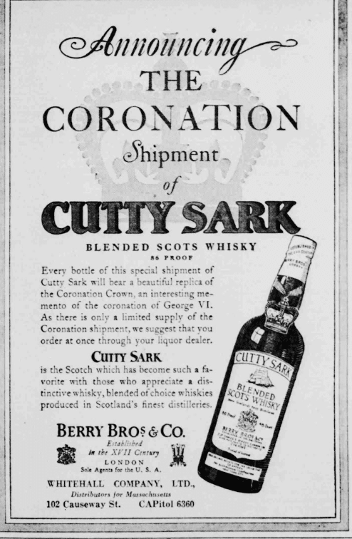 Anzeige für Cutty Sark Whiskey im Boston Traveler. Quelle: MyHeritage Zeitungssammlung