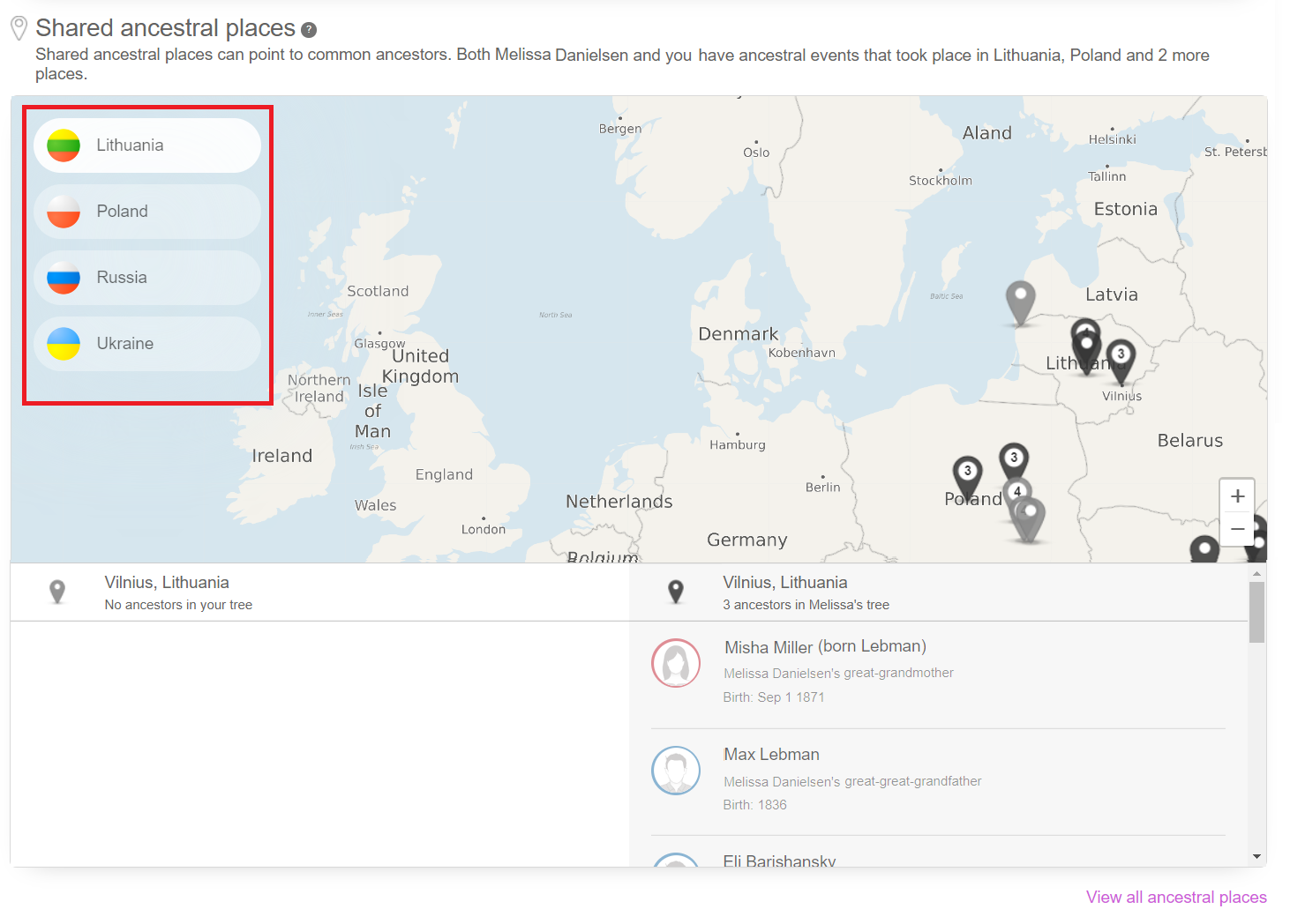 Selecting a country in the Shared Ancestral Places section (click to zoom)