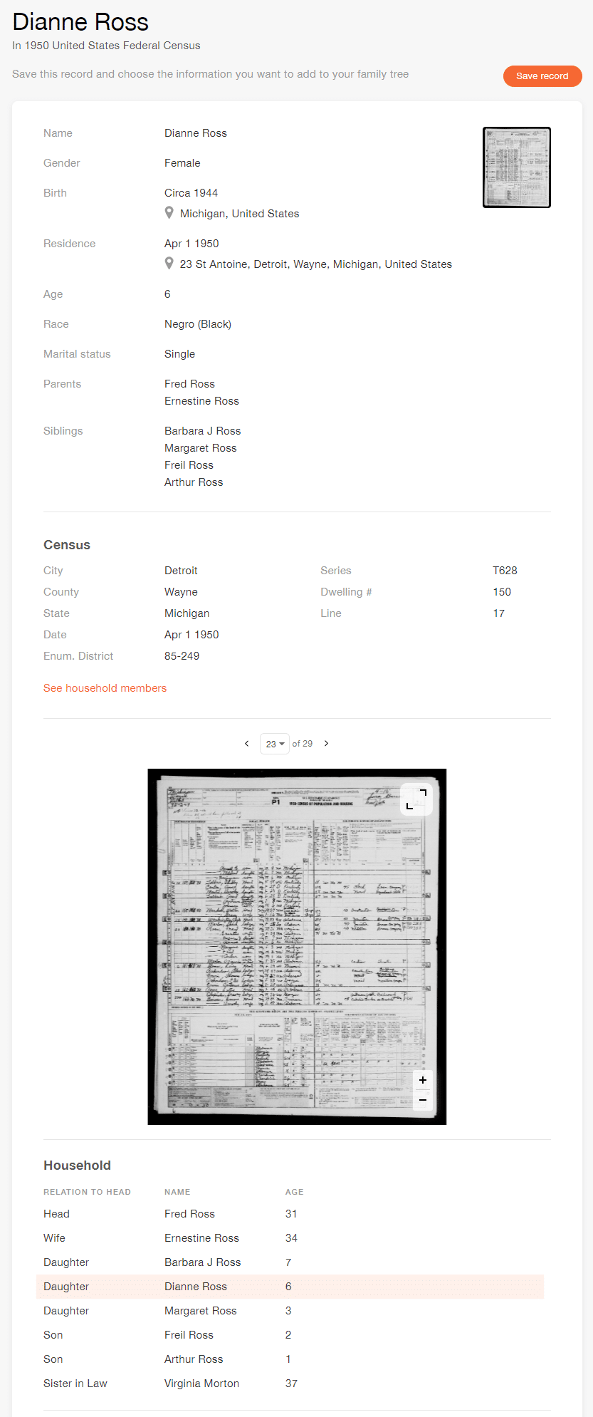 Census Record of Diana Ross [Credit: MyHeritage 1950 United States Federal Census]
