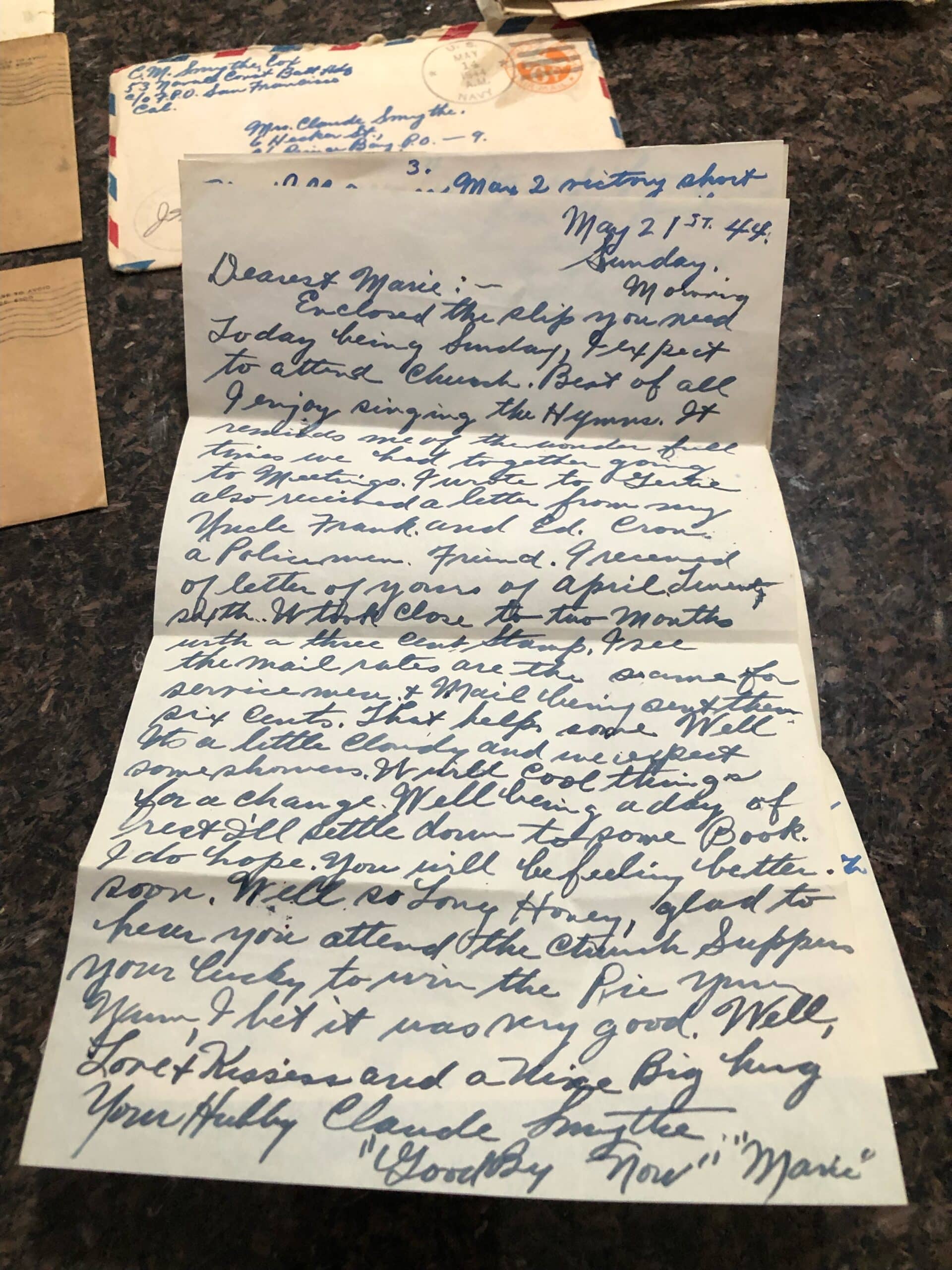 A photo of one of the letters, dated May 21, 1944