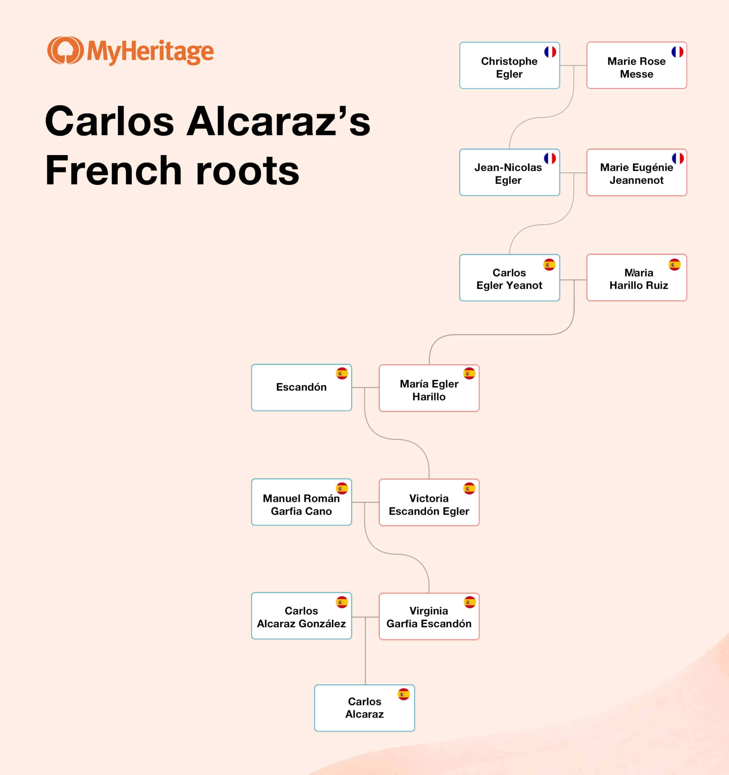 Carlos Alcaraz's family tree demonstrating his French roots via MyHeritage.