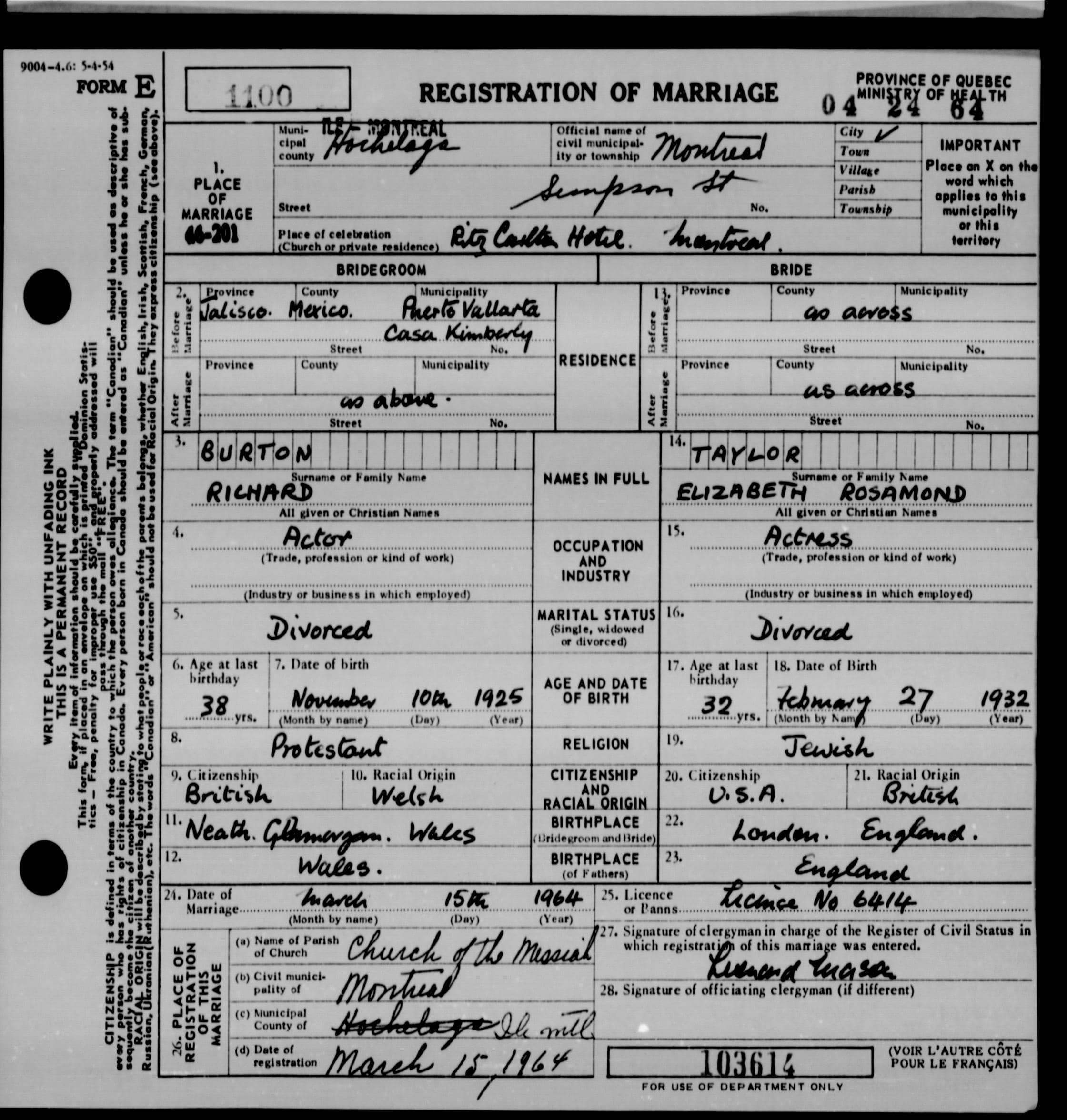 The marriage record of Richard Burton and Elizabeth Taylor’s first marriage from the Quebec Marriage Returns collection on MyHeritage.