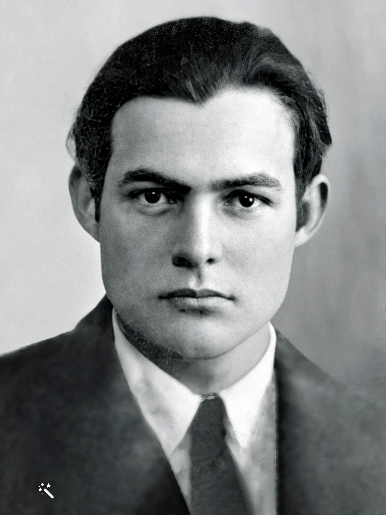 Ernest Hemingway's passport photo, colorized and enhanced by MyHeritage