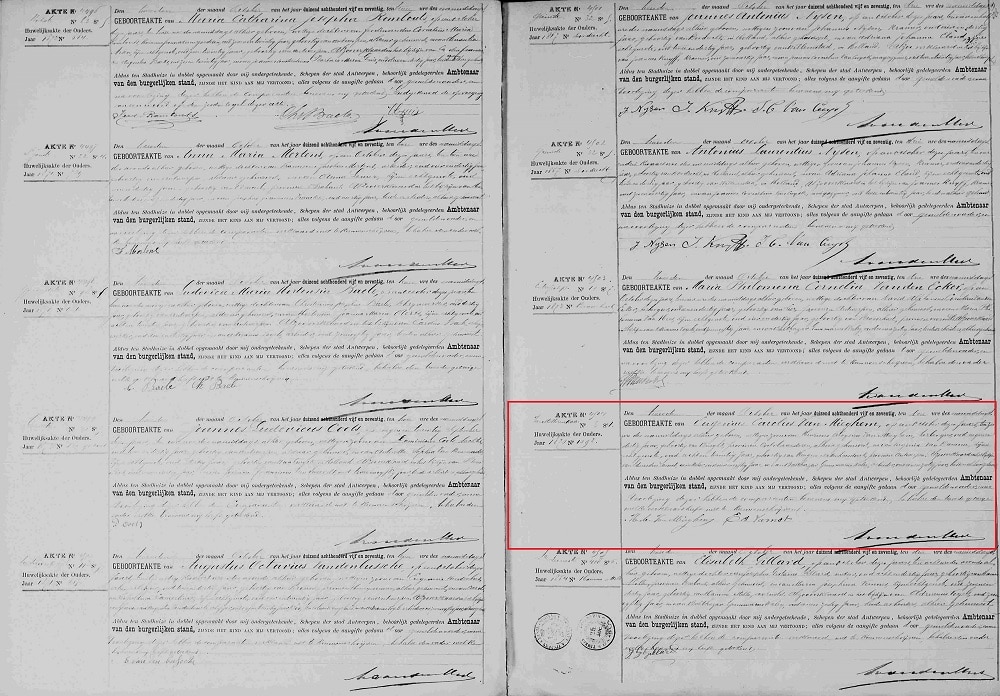 Birth record of Eugenius Carolus van Mieghem (Kilde: MyHeritage Belgium, Antwerp, Civil Registration of Births)