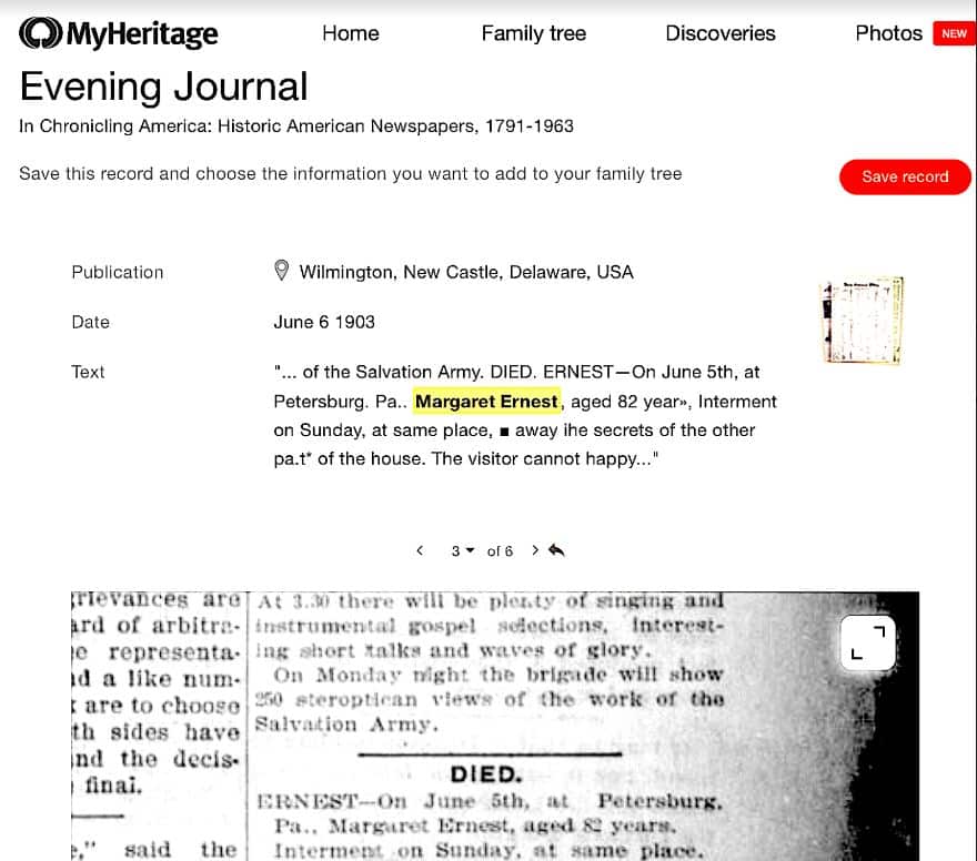 Avisartikkelen som Sandy mottok gjennom MyHeritage SearchAlert på e-post, og som brøt en 30 år gammel forskningsmur.