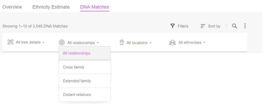 Slektskapsfilter på Filter-verktøylinjen (klikk for å forstørre)