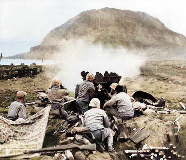 Firing on cave positions at Iwo Jima