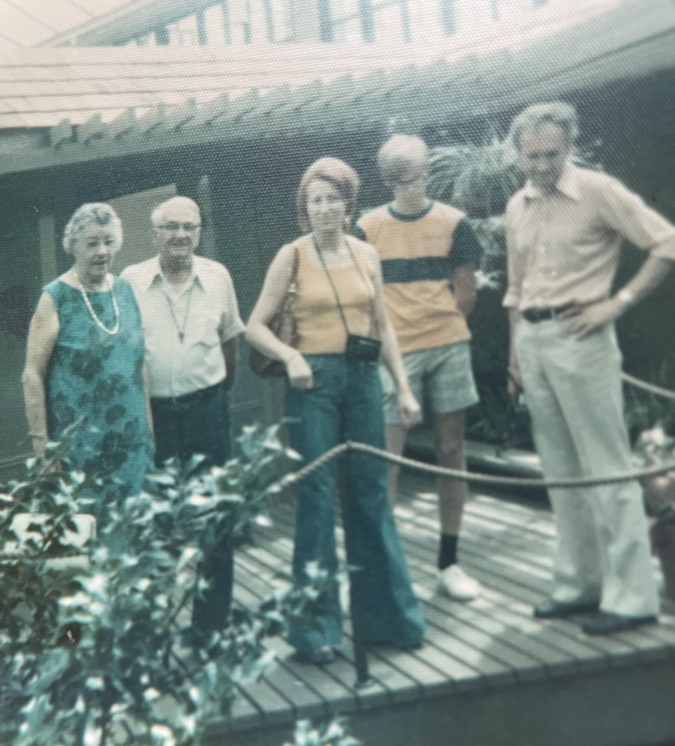 The first meeting between the two families, in the United States in 1975. Norman and his wife are on the left, and Pierre and Ginette Adeline (Ludovic's parents) are on the right with Donald's son Scott standing between them. Photo enhanced and colors restored by MyHeritage