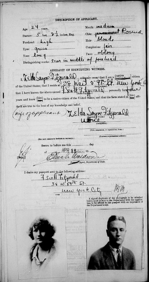 Detail from F.S. Fitzgerald's passport application in 1921