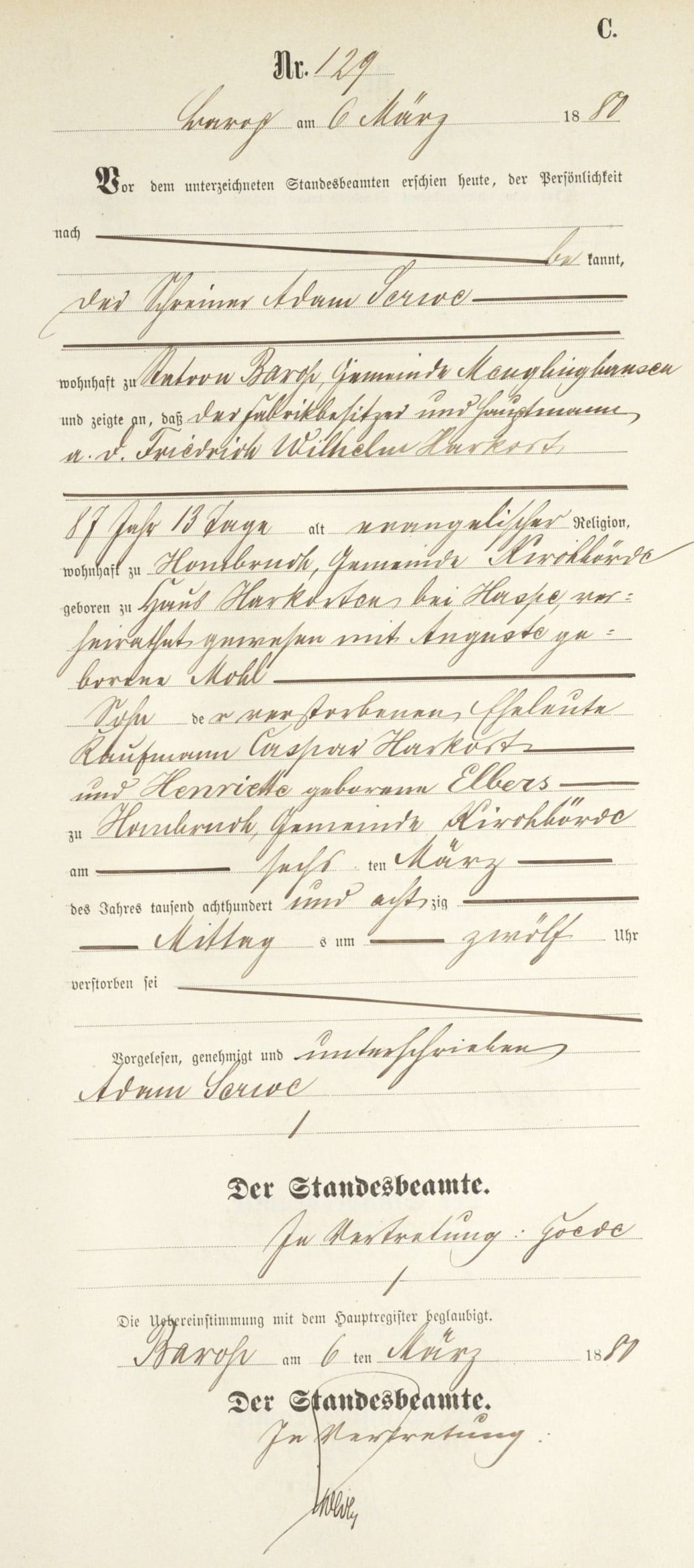 Death record of Frederick Harcort [Credit: MyHeritage Germany, North Rhine Westphalia (Arnsberg, Detmold, and Münster), Deaths 1874-1938]