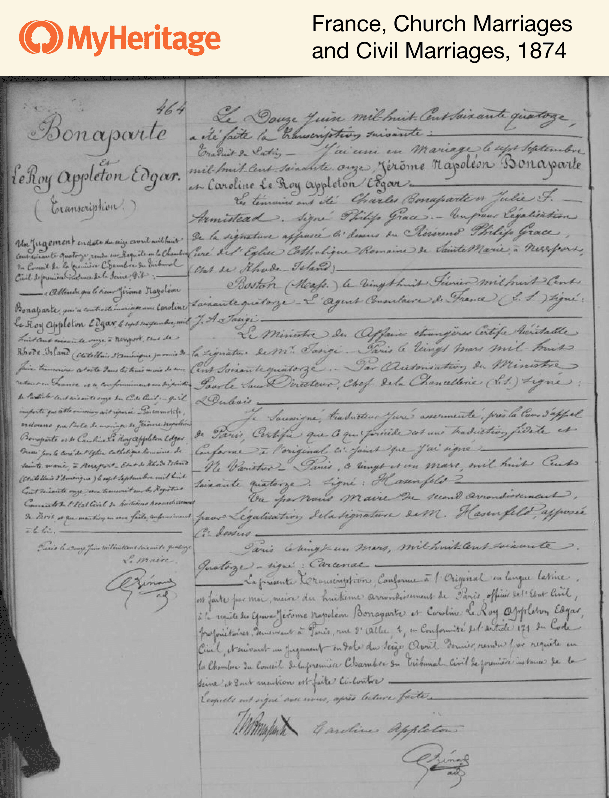 French document from June 12, 1874 stating that the marriage of Jerome Bonaparte and Caroline Appleton took place on September 7, 1871 in Newport, Rhode Island.