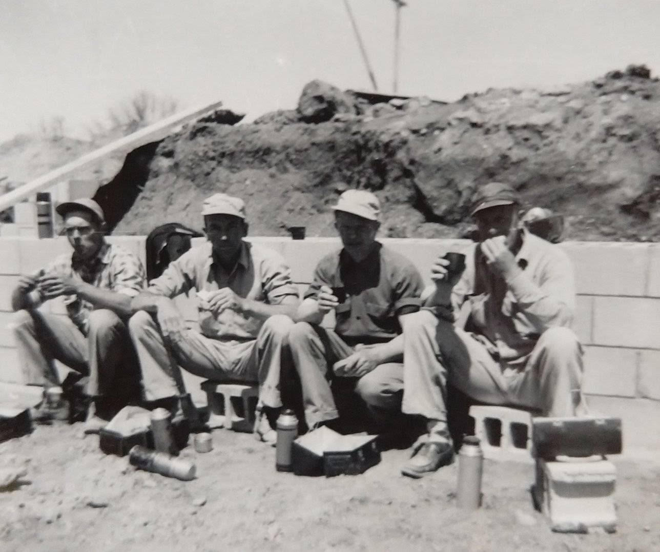 Gerrit’s dad Hendrik (second from right) takes a lunch break from his first job in the U.S. as a bricklayer