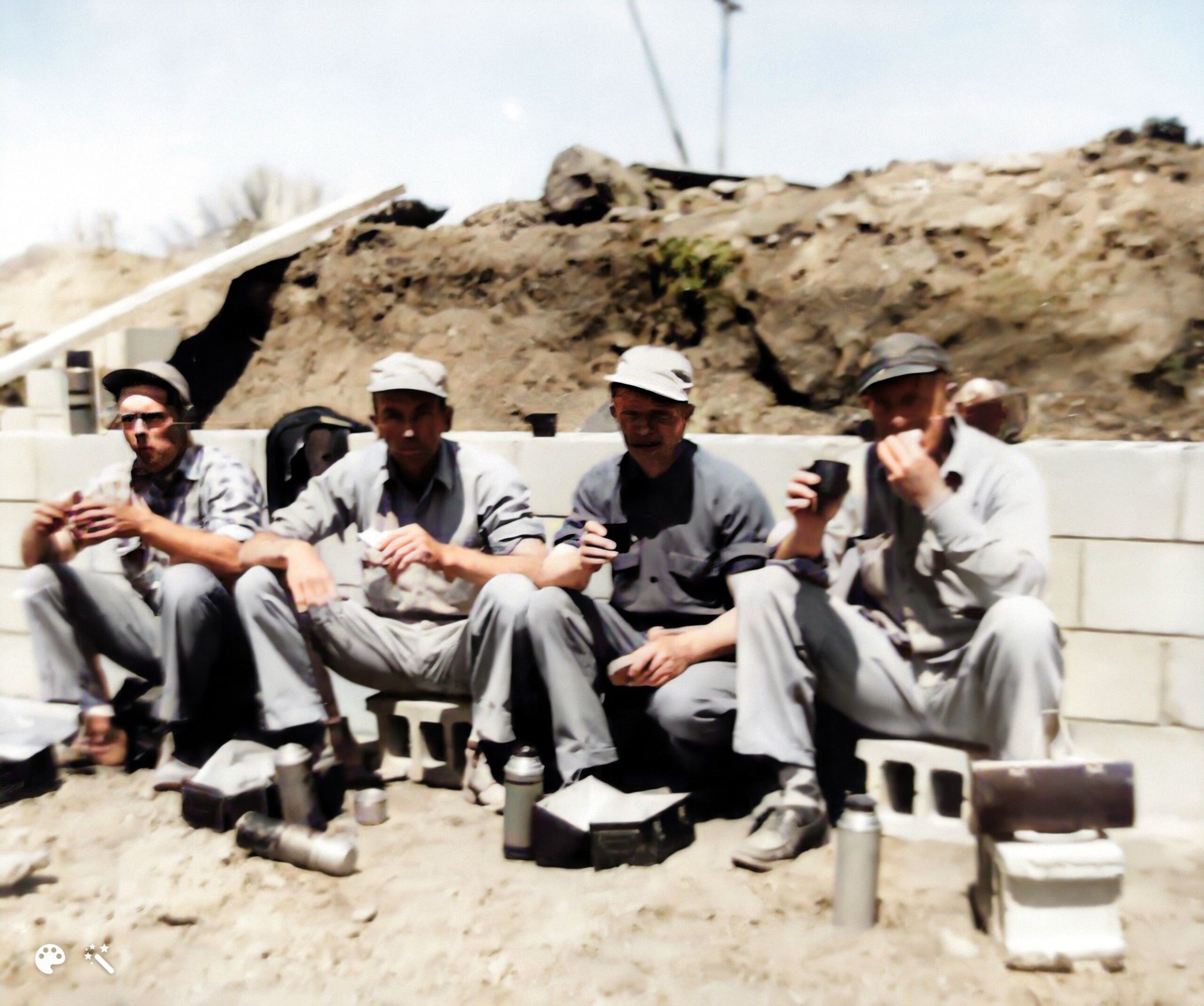 Gerrit’s dad Hendrik (second from right) takes a lunch break from his first job in the U.S. as a bricklayer